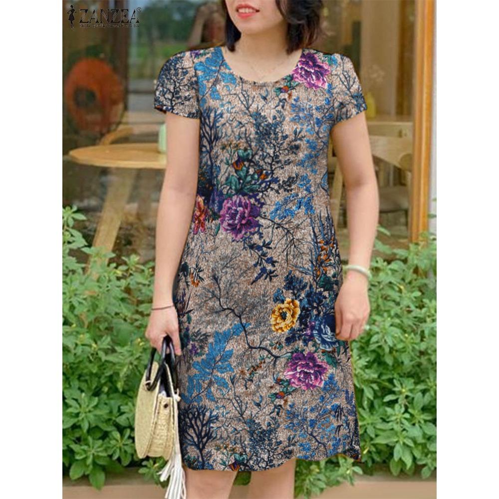 Summer Vintage Floral Printed Party Dress 2025 ZANZEA Women Elegant O Neck Short Sleeve Vestido Casual Bohemian Beach Sundress
