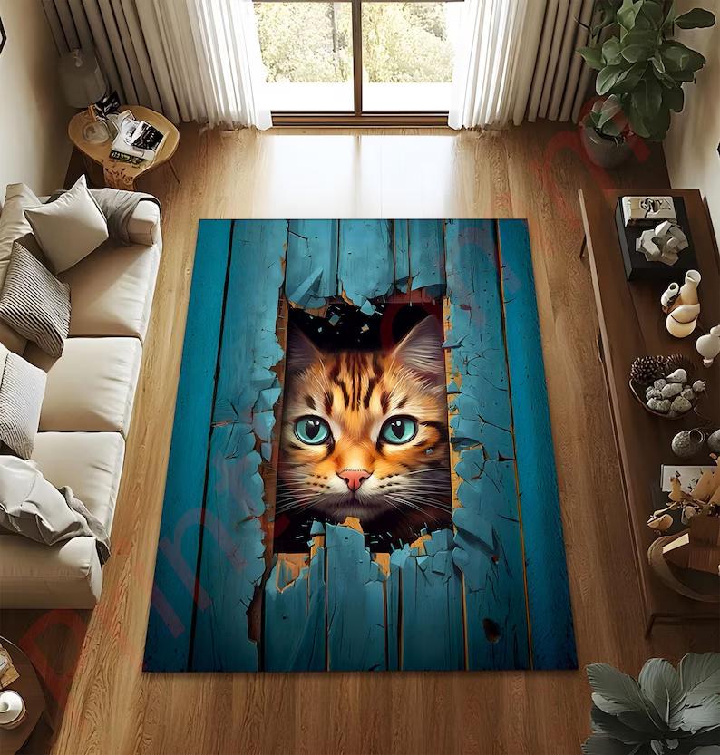 

Realistic Cat Peeking Rug 3D Effect Wood Floor Style Carpet Cute Kitten Room Decor, Gift for Cat Lovers Funny Animal Home Accent 40X60cm