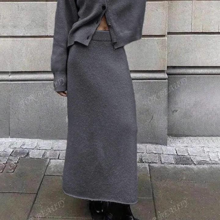 Podzim 2024 Dámský pletený top jednobarevný a dlouhá sukně s vysokým pasem