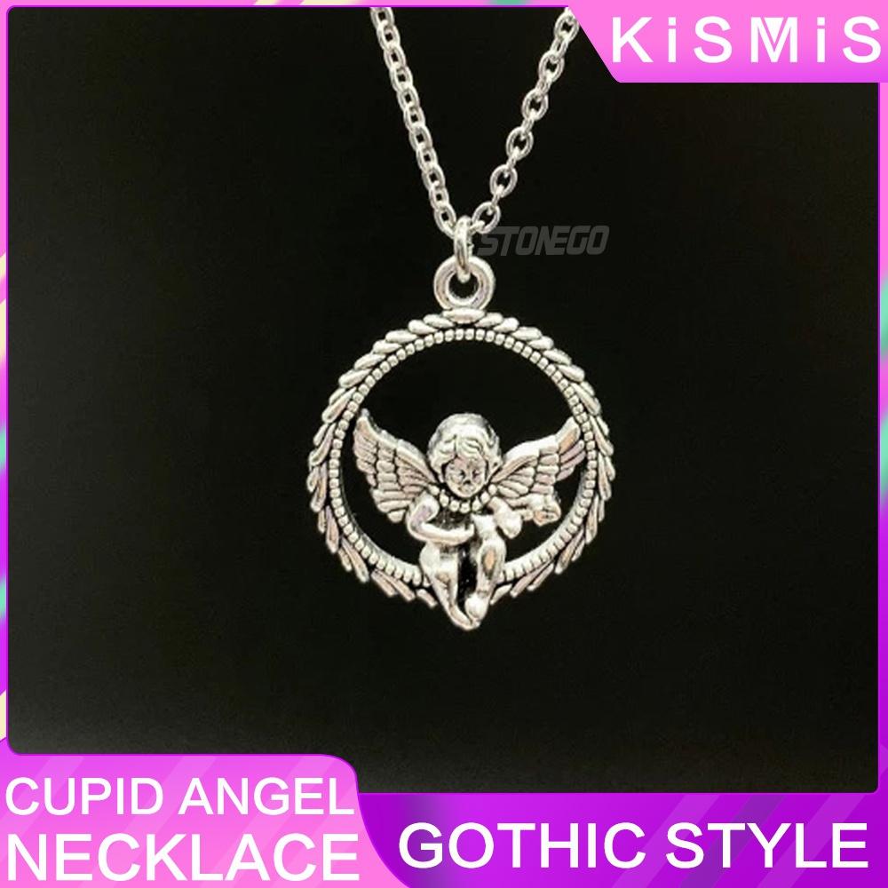 Vintage Harajuku Gothic Silver Heart Angel Cupid Pendant Necklace Trendy Jewelry For Women Men