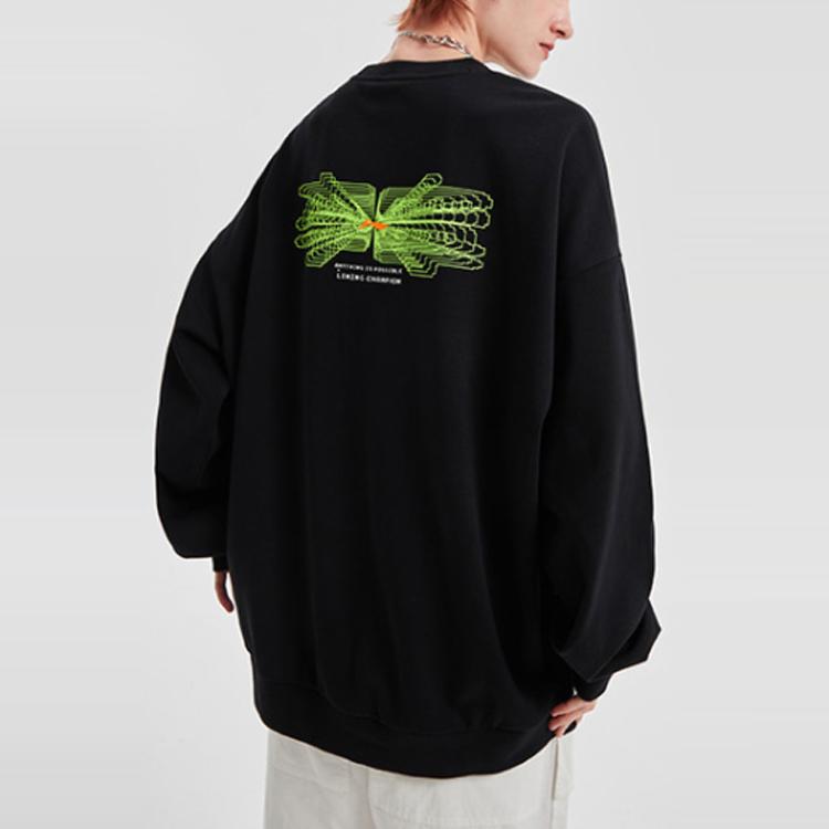 Li Ning Sports Fashion Series Printed Loose Sports Pullover Round Neck Sweatshirt Men Sweatshirt Black AWDR577-6