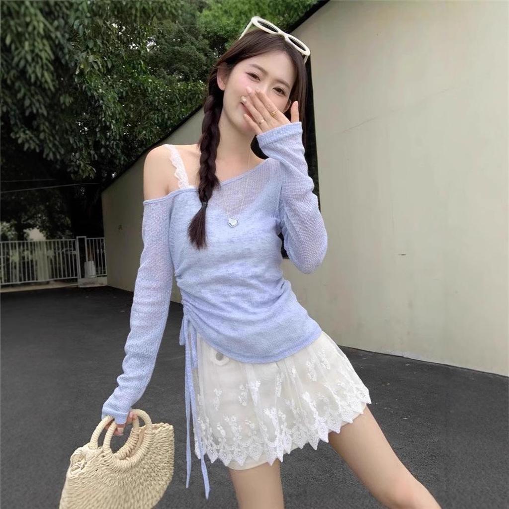 Damen Sommer 2025 Urlaubsstil Set: Spitzen-Camisole, Schulterfreier Kordelzug-Cardigan mit dünnen langen Ärmeln zum Sonnenschutz