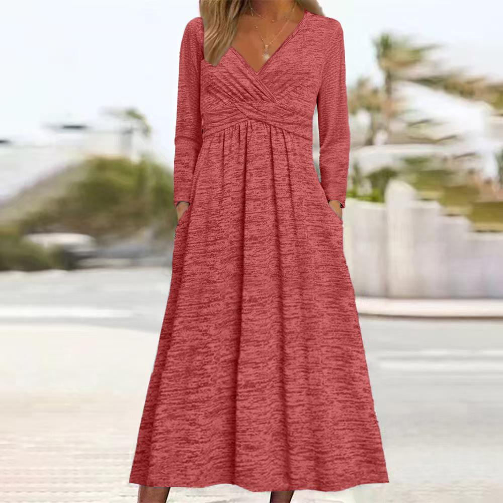 2025 European-American Long Sleeve Printed Maxi Dress with Pockets - Autumn/Winter Collection