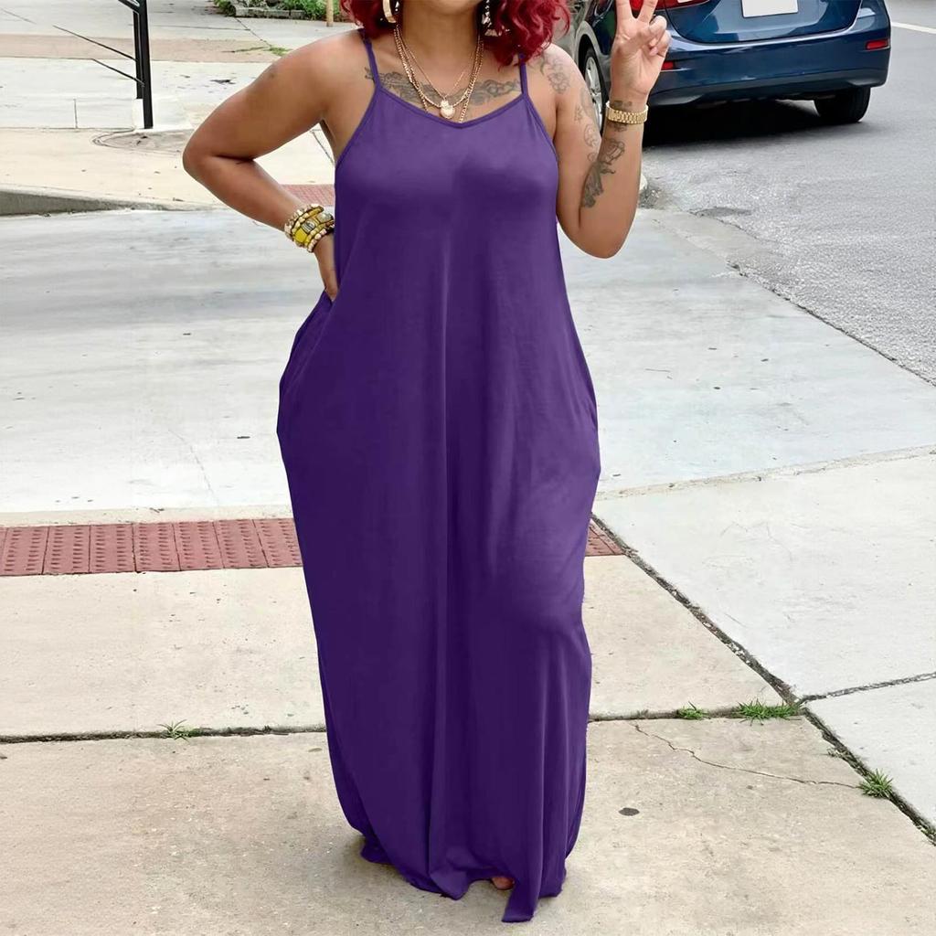 Women's Loose Fit Sleeveless Maxi Dress Casual Spaghetti Strap Relaxed Style Long Dress with Pockets for Summer Fashion