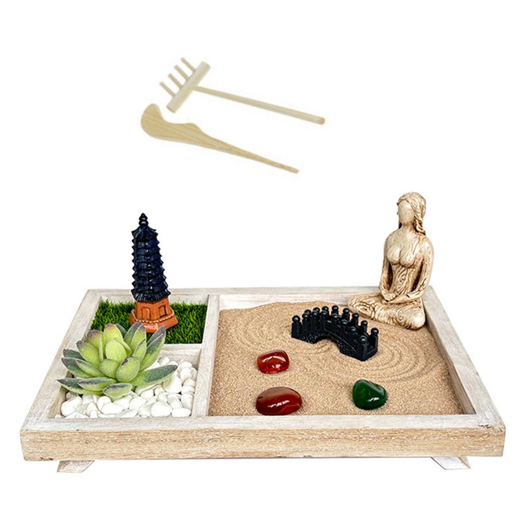 Zenes Garden Set for Desk with Rakes,Sand,Round Base,Miniature Pagoda Figure,Small Bridge Japanese Zenes Sand Garden