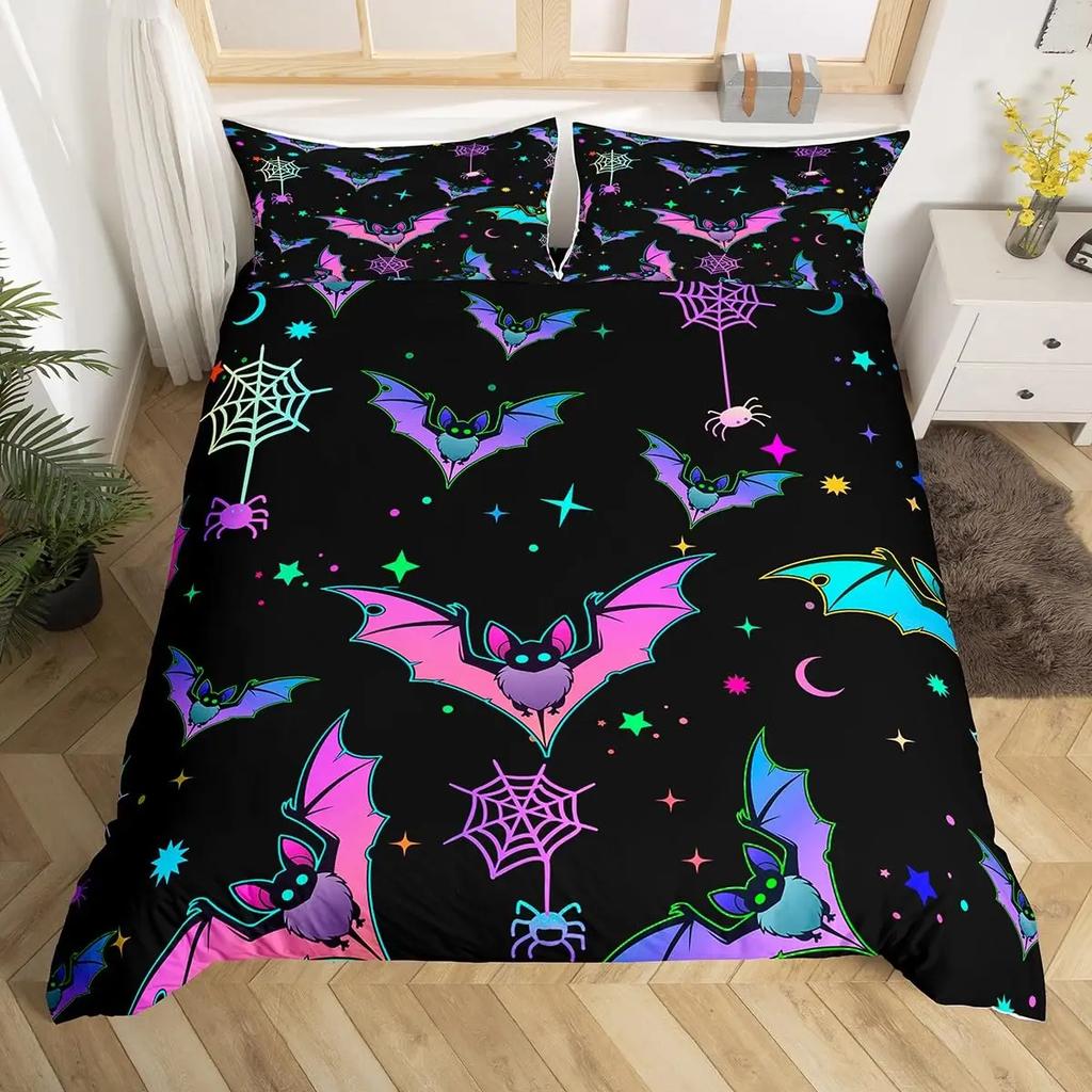 Spooky Dark Bats Duvet Cover Halloween Decoration Glitter Stars Moon Galaxy Bedding Set Cartoon Bat Gothic Comforter Cover Queen