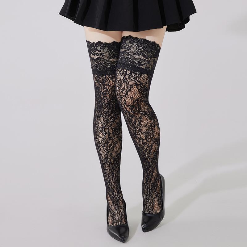 Übergröße Sexy Lolita Mädchen Kniehoch Spitzenoberteil Anti-Rutsch Fischernetz Lange Socken Oberschenkelhoch Netzstrümpfe für Damen XXL Schwarz Weiß