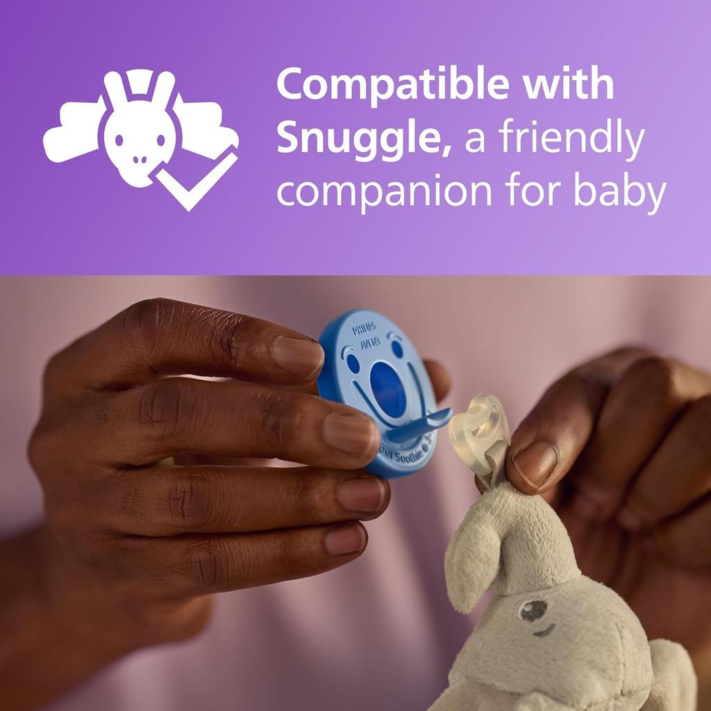 Suzetă Philips Avent Soothie din silicon, pentru luni, cu lumină albastră, pachet de 2, 3-18 luni (Cer și albastru)