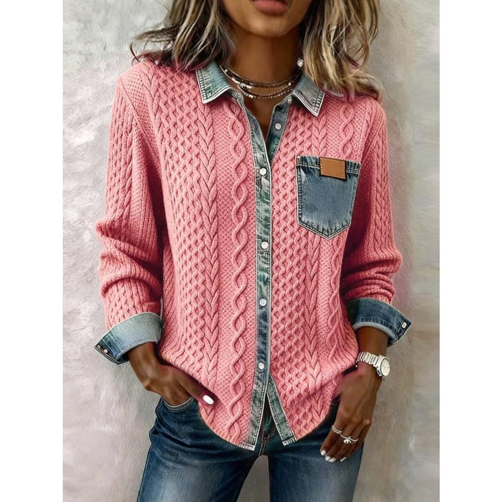New European and American Style Women's Knitted Spliced Denim Shirt, Casual Versatile Long Sleeve Cardigan Coat for Fall and Winter