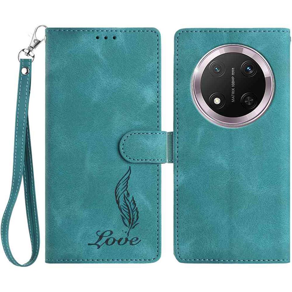 Etui na Honor X9c 5G z nadrukiem pióra, portfel ze skóry PU, pokrowiec na telefon z paskiem na nadgarstek