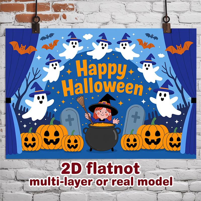 Party Backdrop Halloween Flat Spooky Ghosts Pumpkins Witch Bats Tombstones Multi Photo Booth Background Front Door Decor