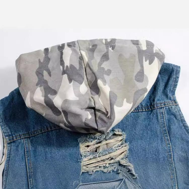Gilet di Jeans Ripped da Uomo Vestibilità Slim Gilet di Jeans con Cappuccio Gilet di Jeans da Uomo