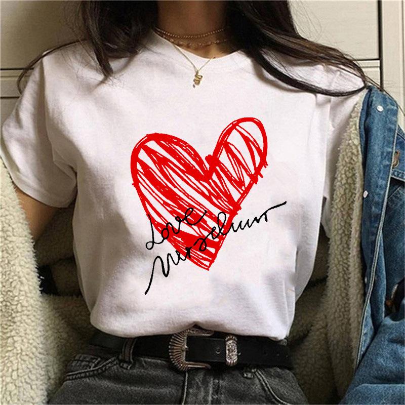 Fashion Kawaii Rose Flower Heart Graphic Women's T-Shirt Summer Loose Blouse 90S Short Sleeve O-Neck Tees Ladies White Y2K Tops