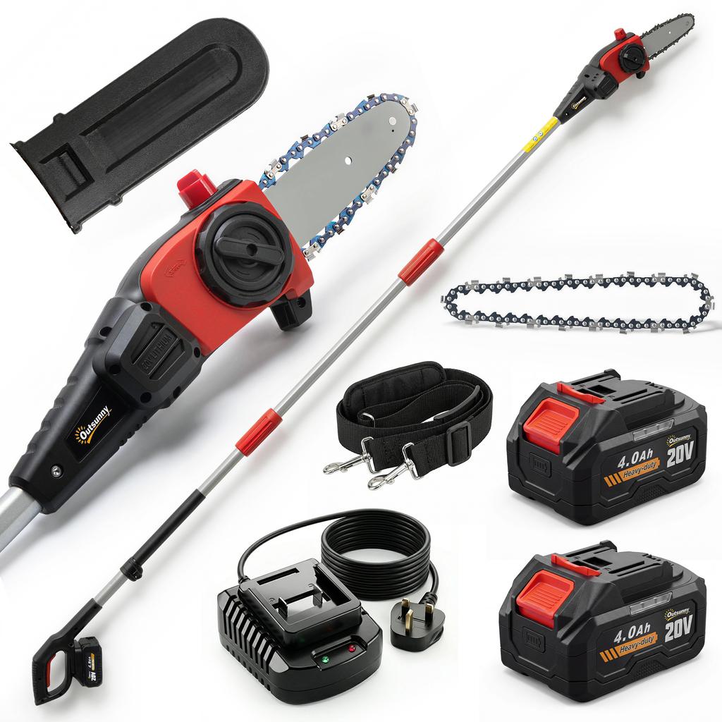 18V 8" Cordless Pole Chainsaw, 1.94m/2.56m Electric Chainsaw with 2 X 4.0Ah Batteries, Charger, Auto Lubrication