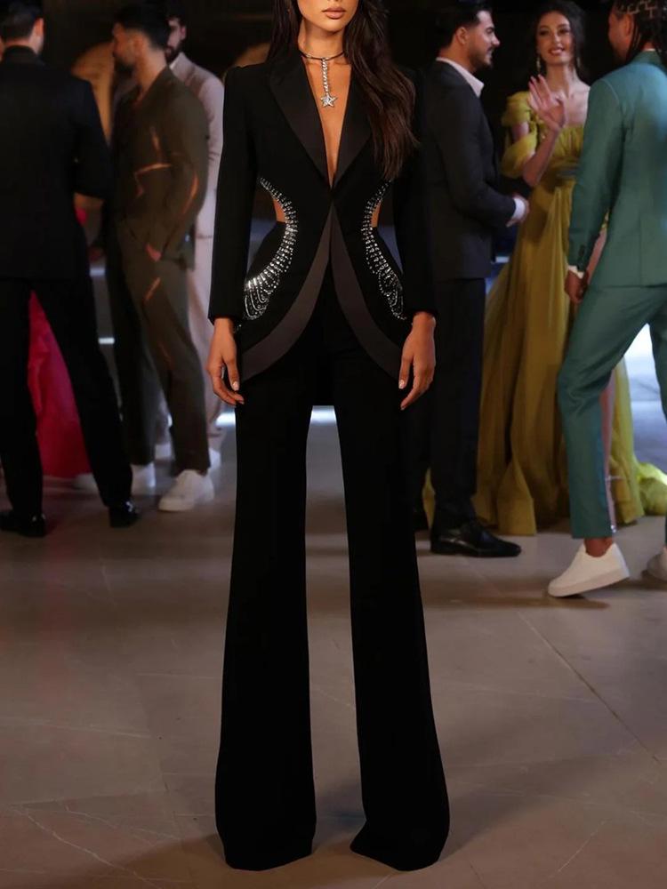 High Street Fashion 2026: Early Spring Hollow Out Hot Drilling Two-Piece Suit Set (Jacket & Trousers)
