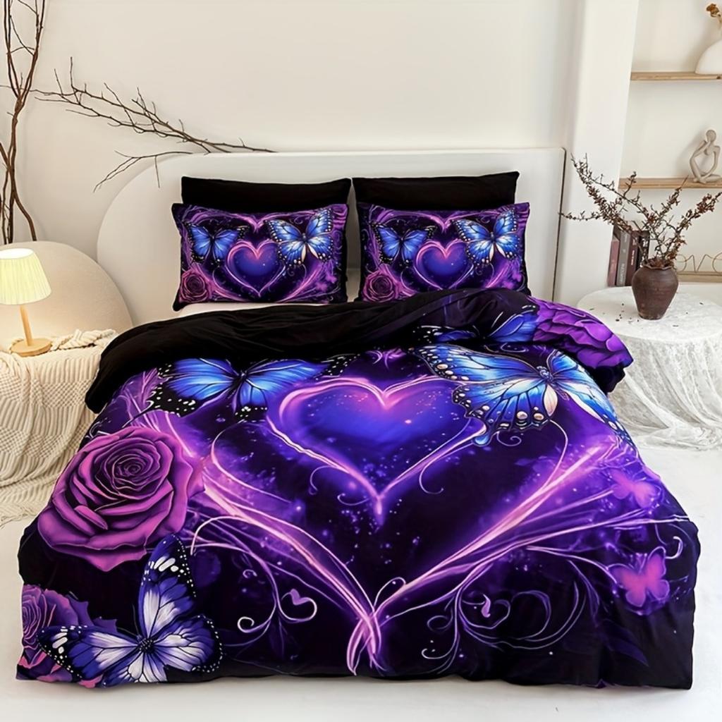 Heart Butterfly 3D Printed Bedding Set Cozy Soft Duvet Cover King Queen Twin Single Size Bithday Gift Bedroom for Sister Decor