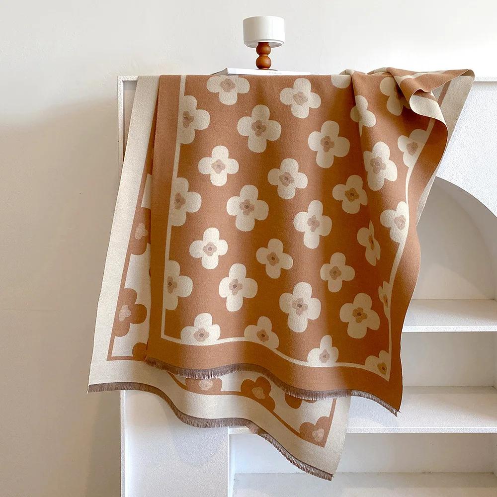 Winter Women's Scarf Luxury Design Double sided Cashmere Feel   Flower Warm Scarf Shawl Women's scarf winter