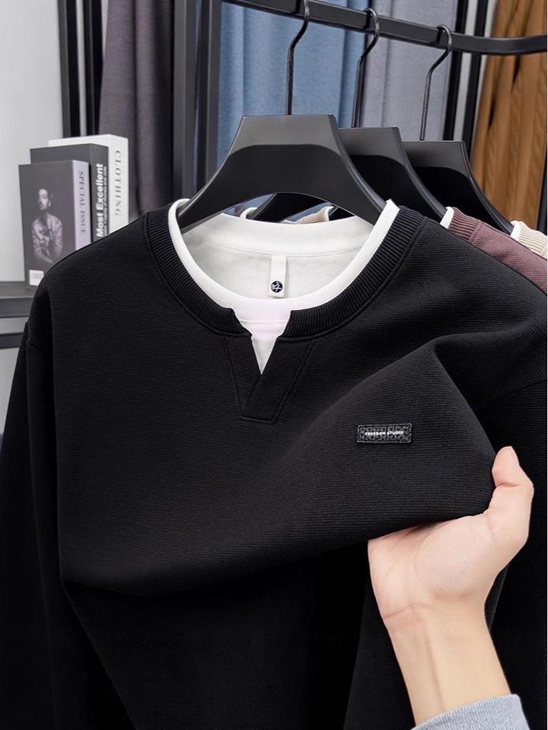 Schwerer Hoodie für Herren: Herbst/Winter, Rundhalsausschnitt, Fake-Zweiteiler-Design, Lockere Passform, Lässige Mode