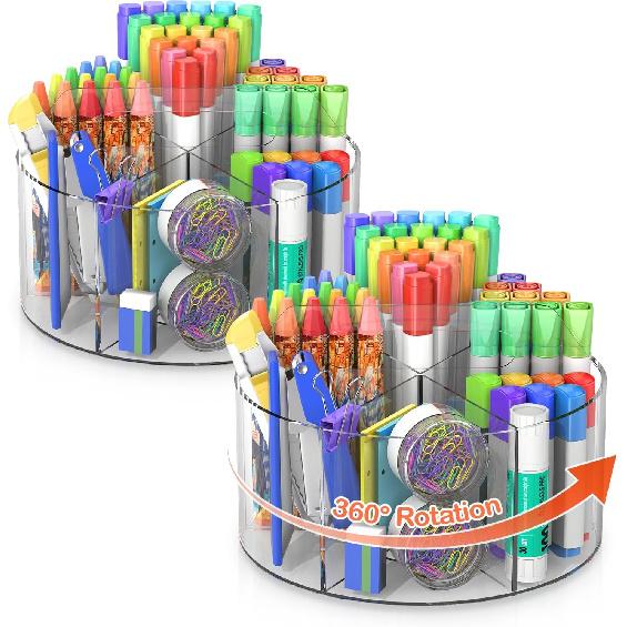 Acrylic Pen Holder, 360 Degree Rotating Pen Organizer, Rotating Desk Acrylic Office Organizer with 6 Compartments, Marker Organizer for Kid, Crayon