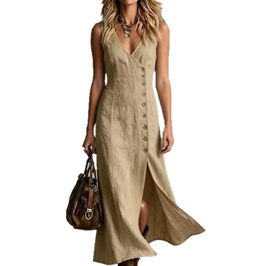 2026 New Spring and Summer Fashion Cotton and Linen Sleeveless V-neck Button Placket Dress Women's Clothing