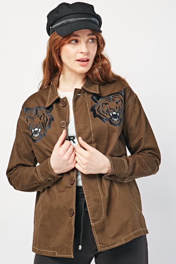 Buy Tiger Embroidered Khaki Jacket at affordable prices — free shipping