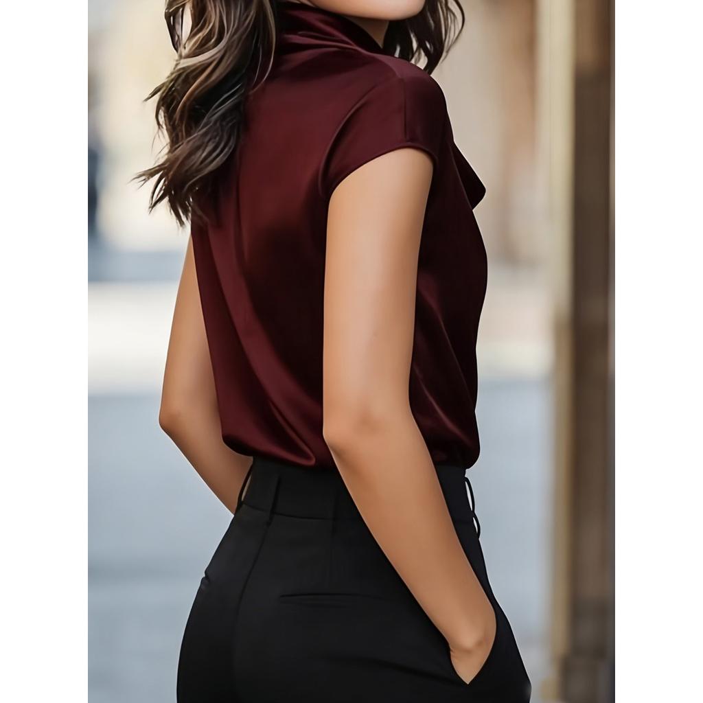 Spring Summer Women's Cowl Neck Draped Short Sleeve Blouse Casual Versatile Top