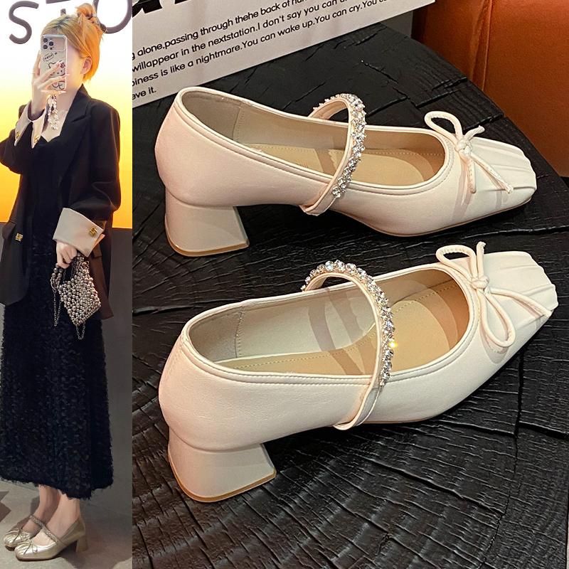Fashion 2025French Retro  Jane Shoes Woman Beige Elegant  Shoes Comfort Versatile Bowknot Single  chaussure femme