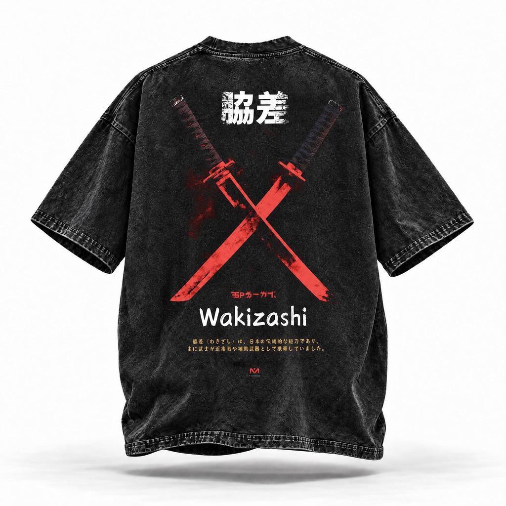 PREMIUM Wakizashi Oversize Japanese Streetwear Acid Washed T-Shirt, Quality Unisex Shirt, Japanese Swords Print, Zen Shirt, Gift For Him,