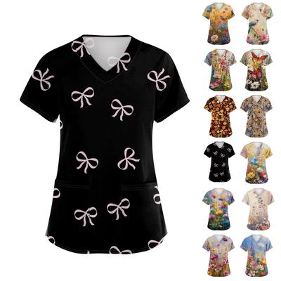 Women's V-neck Cartoon Printed Short-sleeved Pocket Side-slit Protective Suit Top