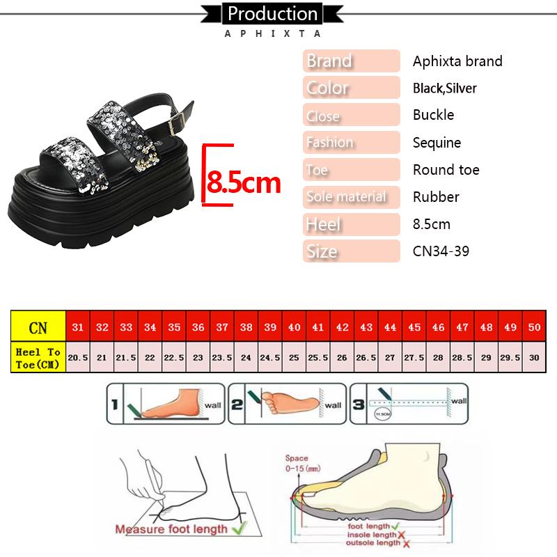 Fashion Aphixta Silver Platform Sandals Women Wedge 8.5cm High Heels Shoes Bling Sequine Summer Zapatos Mujer Wedges Woman Sandal