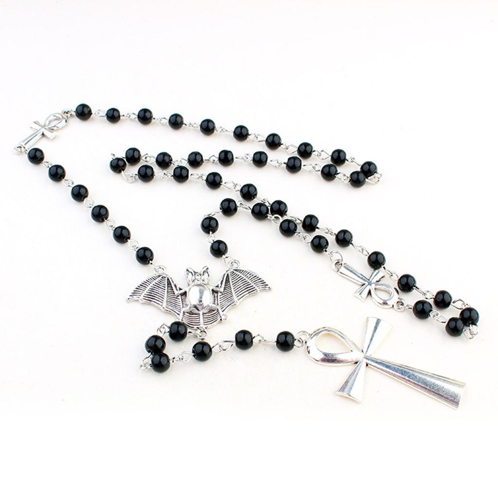Ankh Kreuz Schwarze Rosenkranzperlen Fledermaus Halskette Gotisch Lange Pulloverkette Schmuck