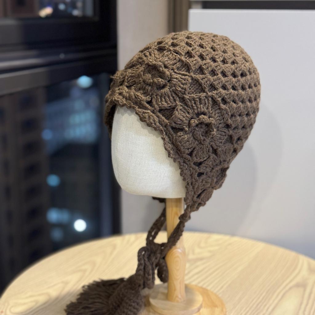 New Ethnic Style Crocheted Knitted Hat for Women Autumn and Winter Ear Protection Hooded Hat Trendy Literary Retro Tassel Warm Toe Cap