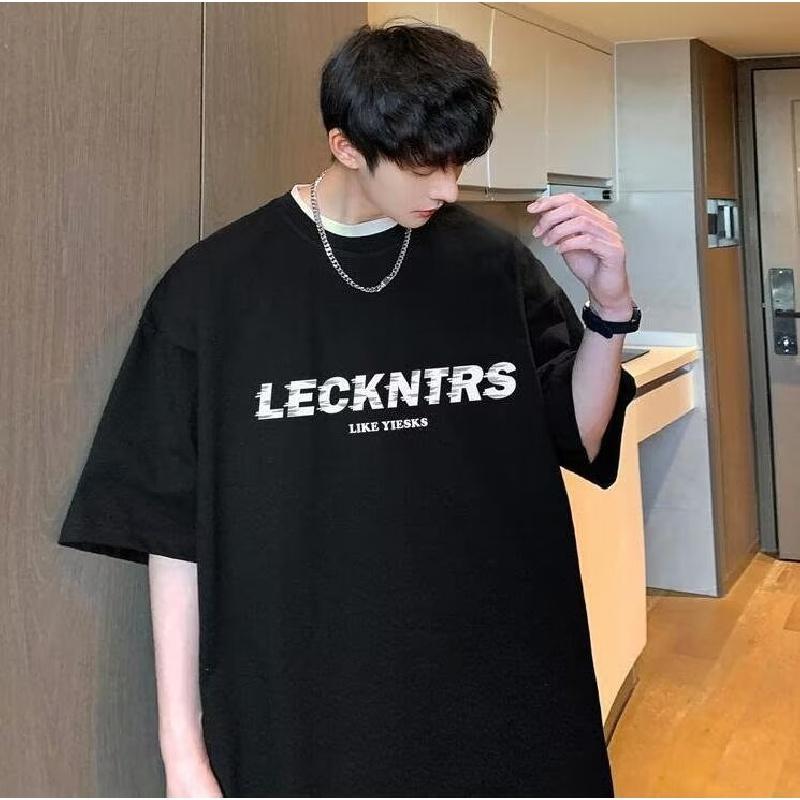 

Мужские футболки с коротким рукавом с буквенным графическим принтом и половиной рукава, мужская одежда, повседневная футболка, мужские корейские повседневные топы с круглым вырезом в стиле ретро M чёрный