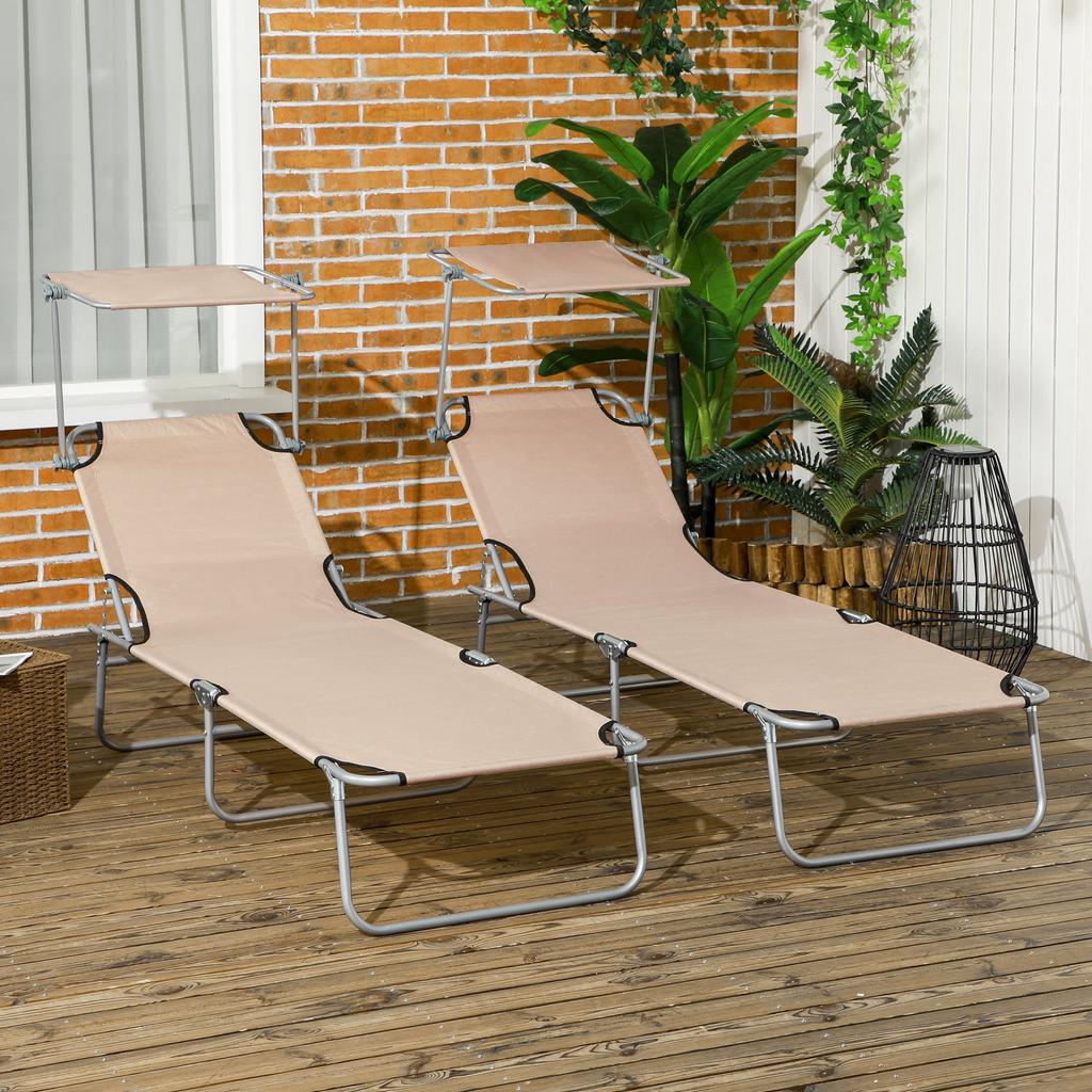 Folding Sun Lounger Set of 2 with Canopy, Reclining Sunbed with 4-Position Adjustable Backrest, 600D Oxford Cloth