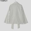 INCERUN Men Lapel Deep V Neck Long Sleeve Striped Print Casual Lace-up Shirts Tops