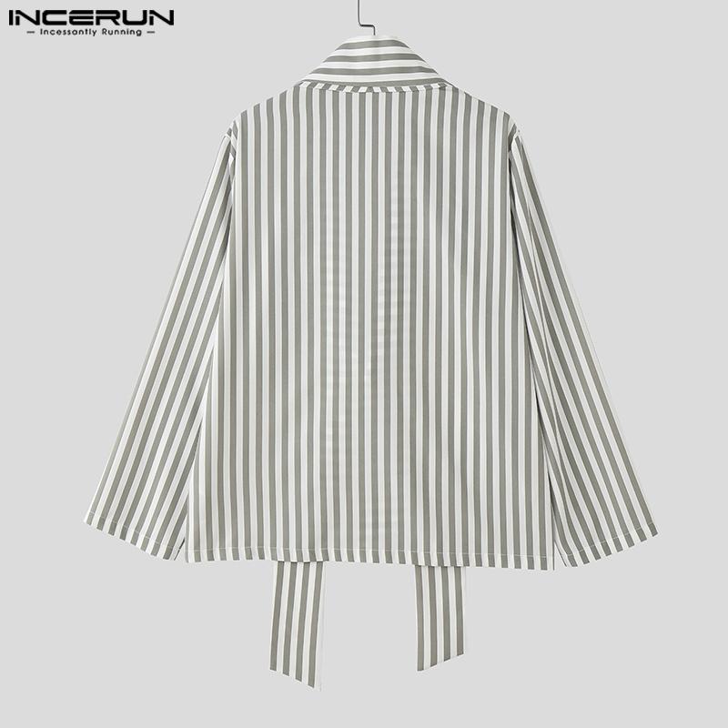 INCERUN Men Lapel Deep V Neck Long Sleeve Striped Print Casual Lace-up Shirts Tops