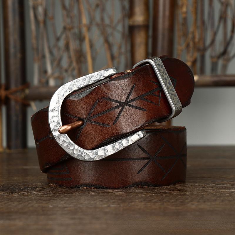 Belt Men's Retro Distressed Carved Top Layer Cowhide Leather Hammered Steel Buckle Korean Style Trendy Jeans Belt