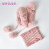 SOMALER Women Bomber Hat Scarf Set for Winter Faux Rabbit Fur Cap Snug Lined Earmuff Beanie for Girl