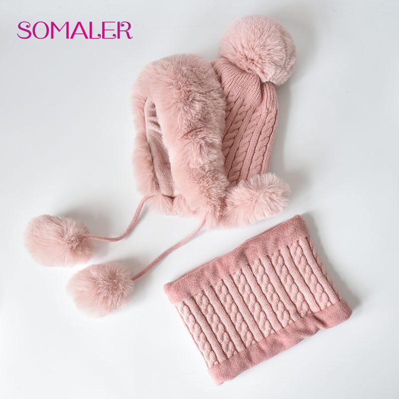 SOMALER Women Bomber Hat Scarf Set for Winter Faux Rabbit Fur Cap Snug Lined Earmuff Beanie for Girl