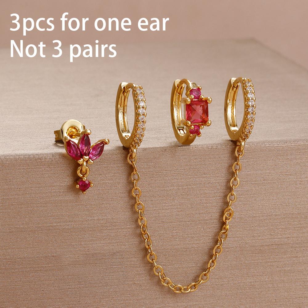 3PCS Unique Stainless Steel Earrings Set for Women Rose Red Crystal Zircon Huggie Hoop Earring Wedding Romantic Jewelry