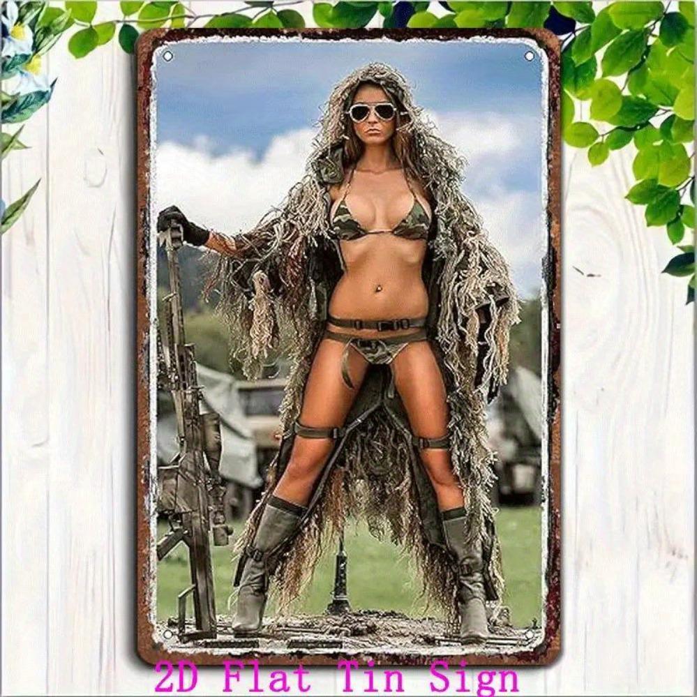 Vintage Humorous Metal Wall Decor 8x12 Inch - Sexy Camo Soldier Girl Design for Man Cave Bar Home Bathroom