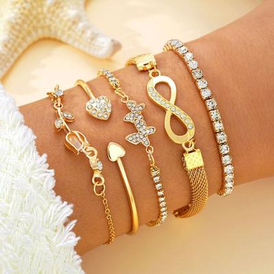 5Pcs/Set Women Stackable Rhinestone Bracelets Alloy Tulip Butterfly Bracelets Layered Cuff Chain Bracelets Jewelry for Party Dating