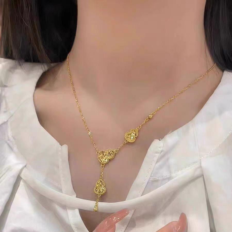 Golden CNC Double Fortune Gourd Jewelry Set: Crushed Ice Necklace, Bracelet, Double-Sided Pendant