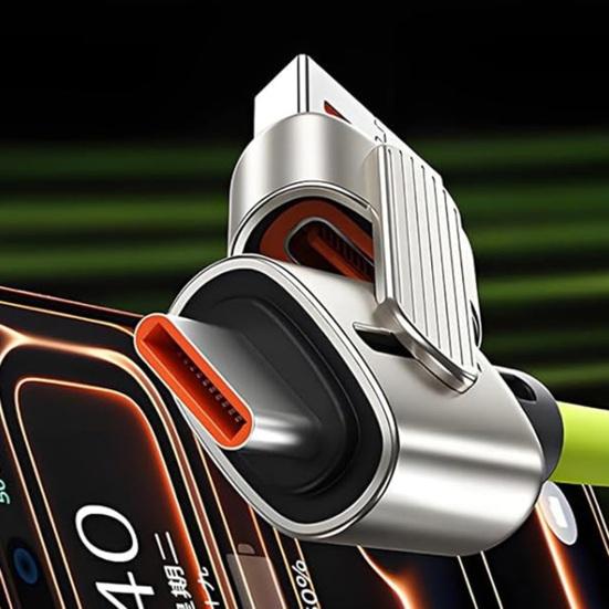 240W Fast Charging USB-C Cable with Foldable Phone Stand Dual Head USB-A & USB-C Fast Charger Silicone Tangle-Free 480Mbps Data Transfer Charging Cord