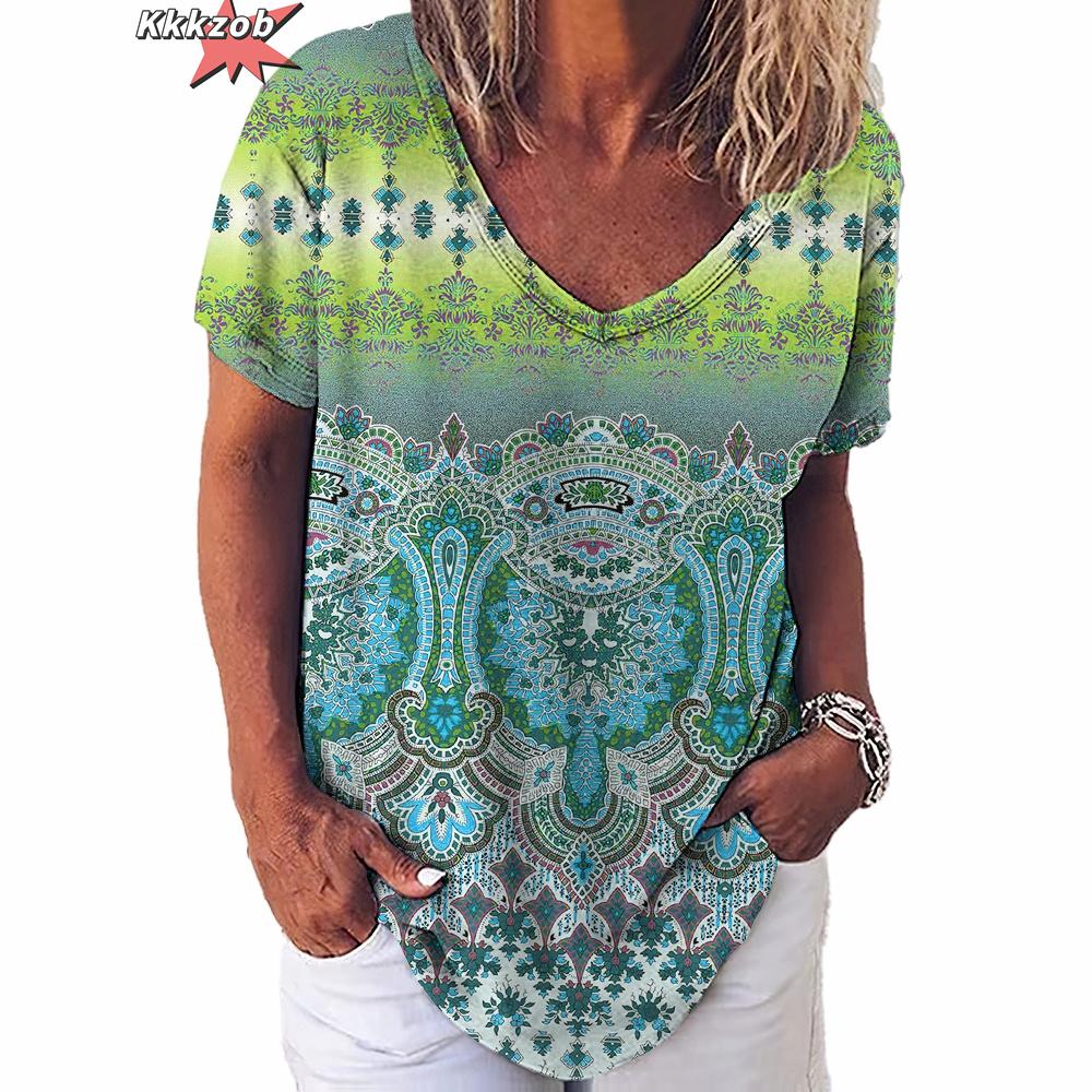Vintage Print Top Women Short Sleeved Streetwear Summer Tee Women's Fashion Casual V Neck T Shirts Y2k Oversized Female Clothing