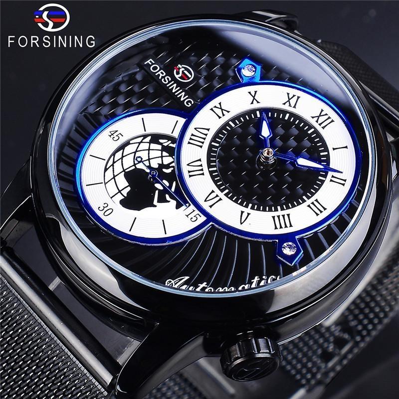 FORSINING Automatic Mechanical Wristwatch Military Sport Male Clock Luxury Golden Case Creative Dial Men Stainless Steel Mesh Strap Watch