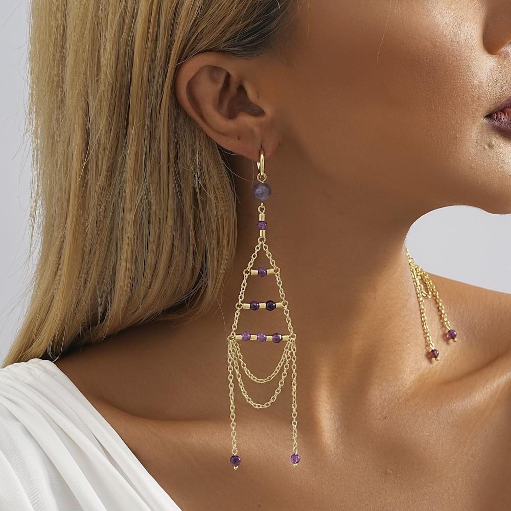 Modern Stylish Gold Chain Earrings With Purple Crystal Design Geometric