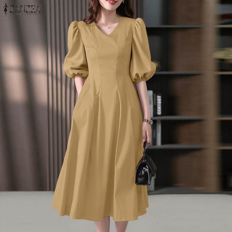 ZANZEA Women V-Neck 3/4 Sleeve Loose Casual Dress