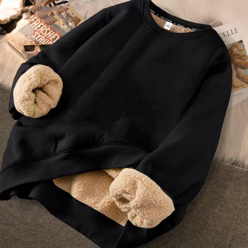 Lambswool Velvet-Lined Crew Neck Hooded Pullover for Women – Loose, Solid Color, Korean Style, Autumn/Winter