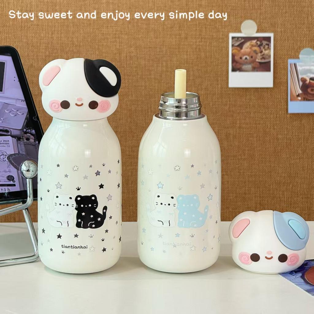 Korean Ins Internet Celebrity Simple Cute Cat Straw Thermos Cup Round Bottle Body Girls Commuter Car Portable Thermos Cup